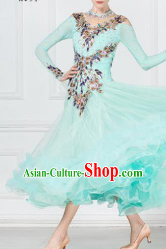 Professional Modern Dance Waltz Light Green Veil Dress International Ballroom Dance Competition Costume for Women