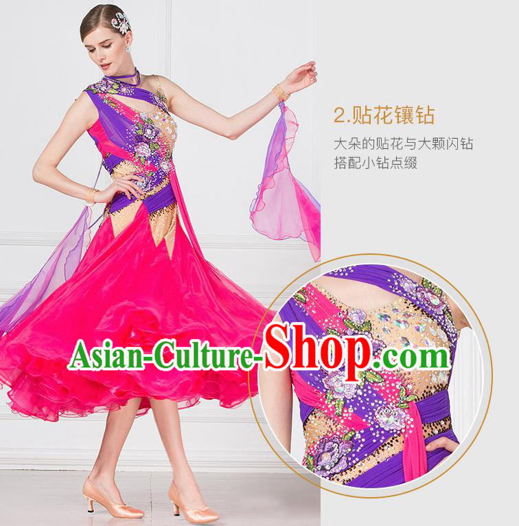 Professional Modern Dance Waltz Competition Rosy Veil Dress International Ballroom Dance Costume for Women