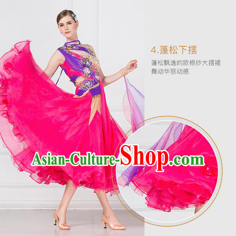 Professional Modern Dance Waltz Competition Rosy Veil Dress International Ballroom Dance Costume for Women
