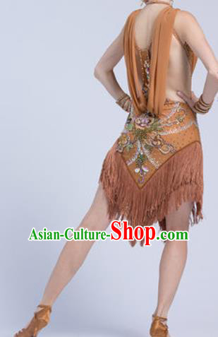 Top Latin Dance Competition Brown Tassel Dress Modern Dance International Rumba Dance Costume for Women