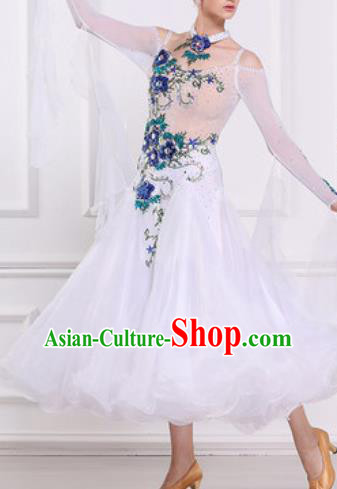 Top Waltz Competition Modern Dance Diamante White Dress Ballroom Dance International Dance Costume for Women