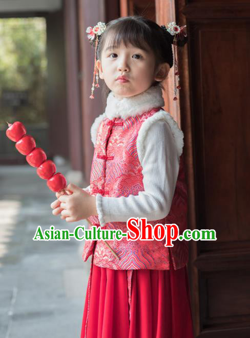 Chinese National Girls Red Vest Costume Traditional New Year Tang Suit Upper Outer Garment for Kids