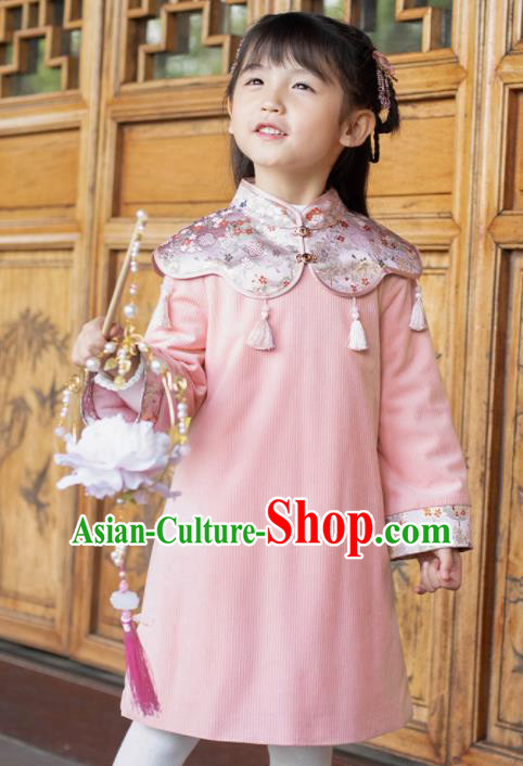 Chinese National Girls Pink Cheongsam Costume Traditional New Year Qipao Dress for Kids