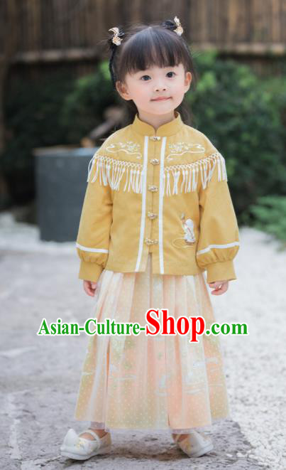 Chinese National Girls Yellow Cheongsam Costume Traditional New Year Tang Suit Qipao Dress for Kids