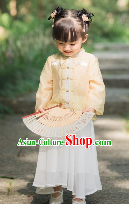 Chinese National Girls Yellow Cheongsam Blouse and White Skirt Traditional New Year Tang Suit Costume for Kids