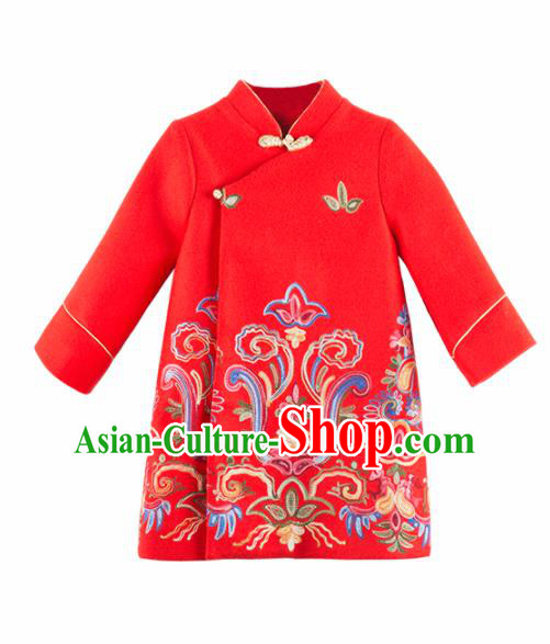 Chinese National Girls Red Coat Costume Traditional New Year Tang Suit Outer Garment for Kids