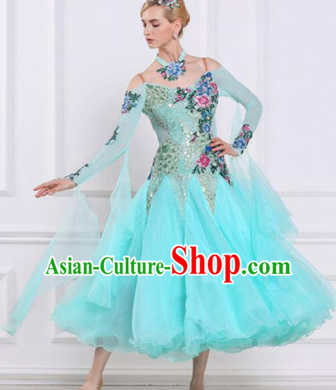 Top Grade Modern Dance Light Blue Veil Dress Ballroom Dance International Waltz Competition Costume for Women