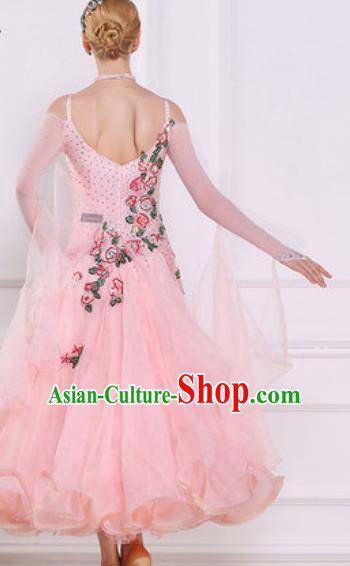 Top Grade Modern Dance Light Pink Veil Dress Ballroom Dance International Waltz Competition Costume for Women