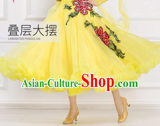 Top Waltz Competition Modern Dance Diamante Yellow Dress Ballroom Dance International Dance Costume for Women