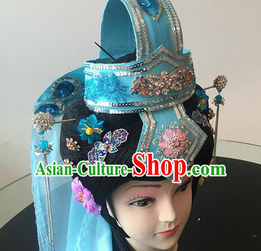 Chinese Beijing Opera Taoist Nun Blue Headgear Traditional Peking Opera Diva Wig Sheath and Hair Accessories for Women
