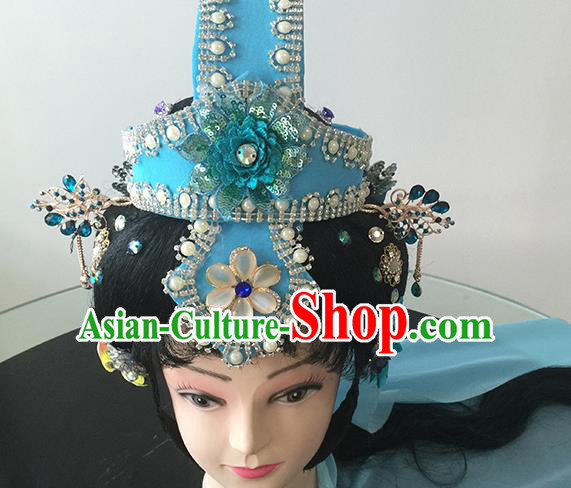 Chinese Beijing Opera Blue Headgear Traditional Peking Opera Taoist Nun Wig Sheath and Hair Accessories for Women