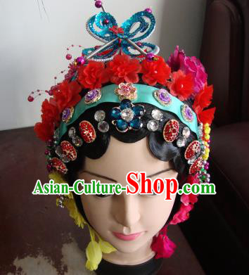 Chinese Beijing Opera Girls Red Flowers Headgear Traditional Peking Opera Wig Sheath and Hair Accessories for Women