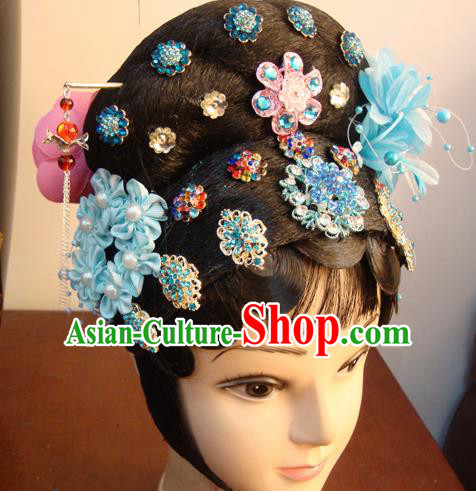 Chinese Beijing Opera Actress Blue Headgear Traditional Peking Opera Wig Sheath and Hair Accessories for Women