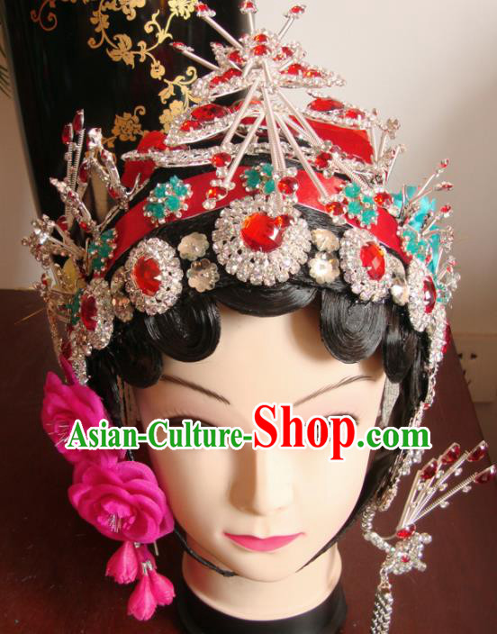 Chinese Beijing Opera Diva Red Crystal Headgear Traditional Peking Opera Wig Sheath and Hair Accessories for Women