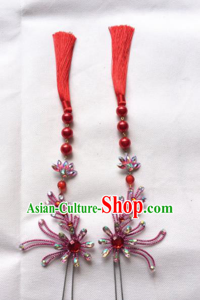 Chinese Beijing Opera Diva Red Tassel Hairpins Traditional Peking Opera Hair Accessories for Women