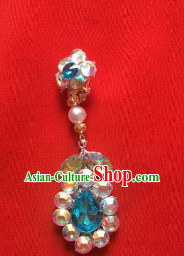Chinese Beijing Opera Princess Blue Crystal Earrings Traditional Peking Opera Diva Ear Accessories for Women