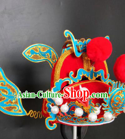 Chinese Beijing Opera Hell God Red Hat Traditional Peking Opera King Hair Accessories for Men