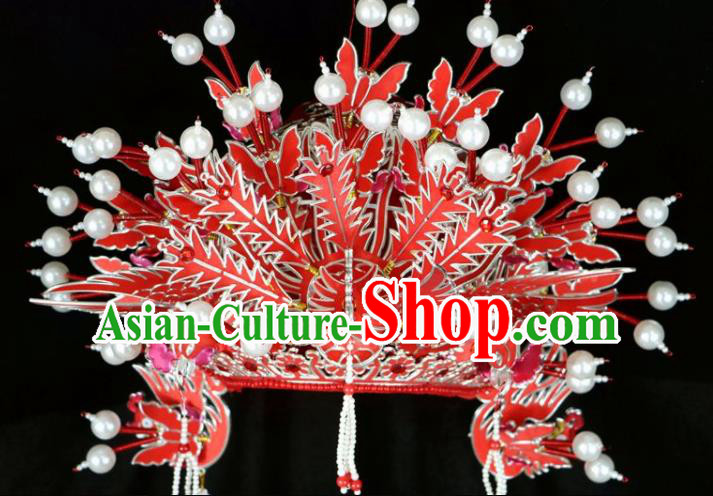 Chinese Beijing Opera Red Tassel Phoenix Coronet Traditional Peking Opera Bride Hat Hair Accessories for Women