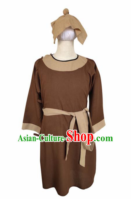 Chinese Ancient Civilian Brown Robe Traditional Ming Dynasty Teahouse Waiter Costume for Men
