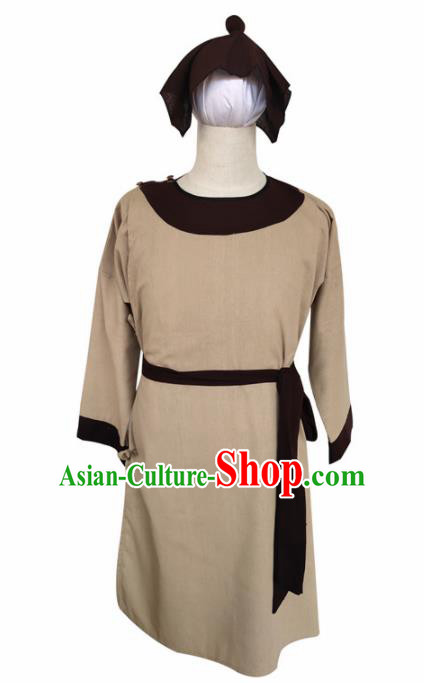 Chinese Ancient Civilian Khaki Robe Traditional Ming Dynasty Teahouse Waiter Costume for Men