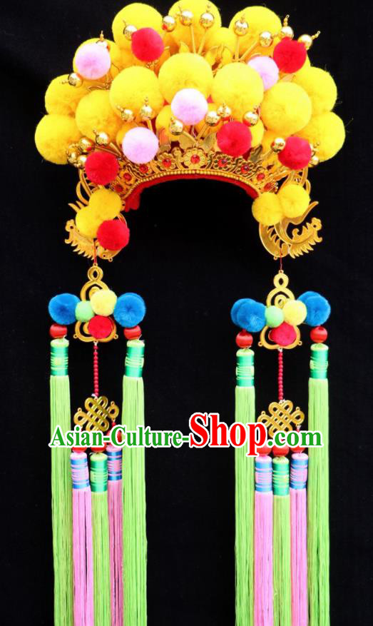 Chinese Beijing Opera Bride Yellow Phoenix Coronet Traditional Peking Opera Princess Hat Hair Accessories for Women
