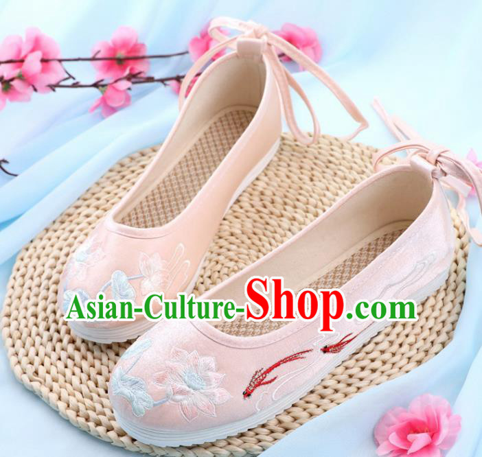 Traditional Chinese Embroidered Lotus Goldfish Pink Shoes Handmade Cloth Shoes National Cloth Shoes for Women