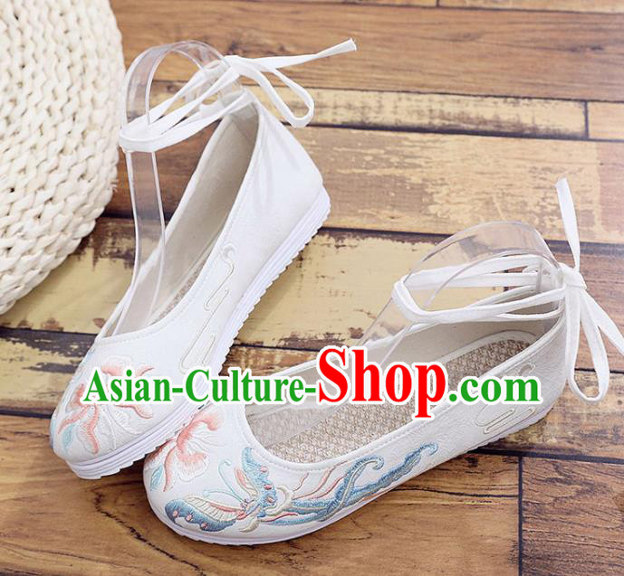 Traditional Chinese Embroidered Peony Butterfly White Shoes Handmade Cloth Shoes National Cloth Shoes for Women