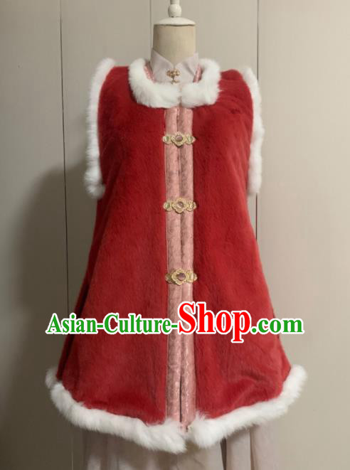Chinese Ancient Traditional Ming Dynasty Court Queen Costume Winter Red Vest for Women