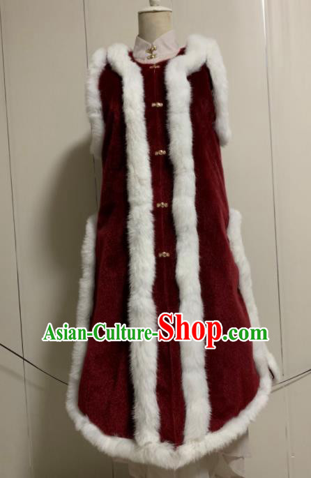 Chinese Ancient Traditional Ming Dynasty Court Queen Costume Winter Wine Red Vest for Women