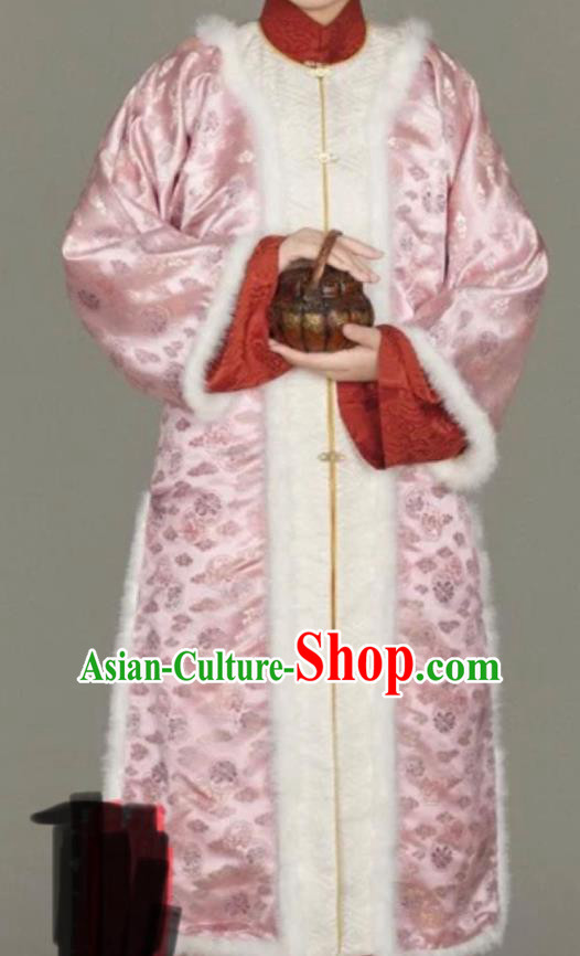 Chinese Ancient Nobility Lady Winter Pink Long Coat Traditional Ming Dynasty Queen Costume for Women