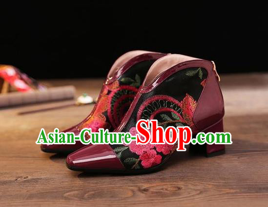 Traditional Chinese Embroidered Flowers Wine Red Leather Shoes National High Heel Shoes for Women