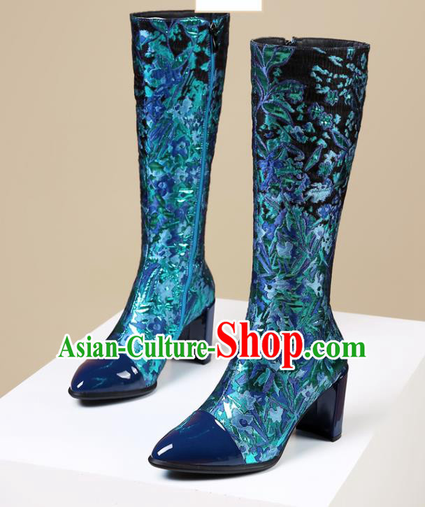 Traditional Chinese Handmade Blue Satin Boots National High Heel Shoes for Women