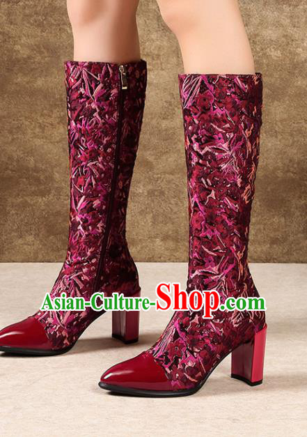 Traditional Chinese Handmade Wine Red Satin Boots National High Heel Shoes for Women