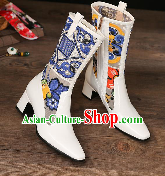 Traditional Chinese Handmade Embroidered White Boots National High Heel Shoes for Women