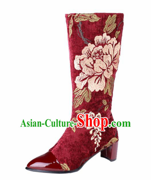 Traditional Chinese Handmade Embroidered Peony Red Long Boots National High Heel Shoes for Women
