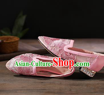 Traditional Chinese Handmade Embroidered Peony Pink Shoes National High Heel Shoes for Women