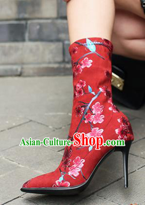 Traditional Chinese Handmade Printing Plum Red Boots National High Heel Shoes for Women