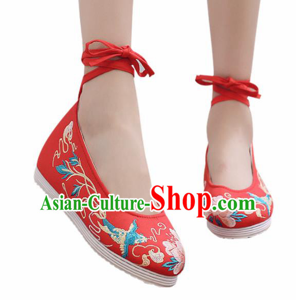 Traditional Chinese Handmade Embroidered Flower Bird Red Shoes Hanfu Shoes National Cloth Shoes for Women