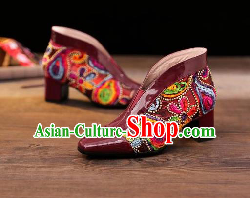 Traditional Chinese Embroidered Wine Red Leather Shoes National High Heel Shoes for Women