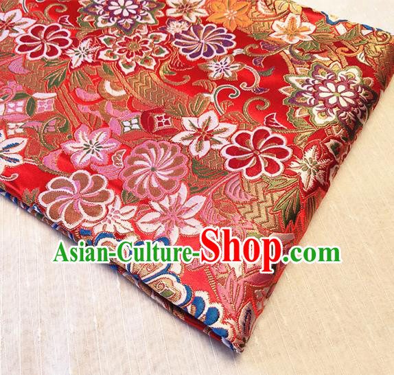 Asian Japan Traditional Sakura Daisy Pattern Design Red Brocade Damask Fabric Kimono Satin Material