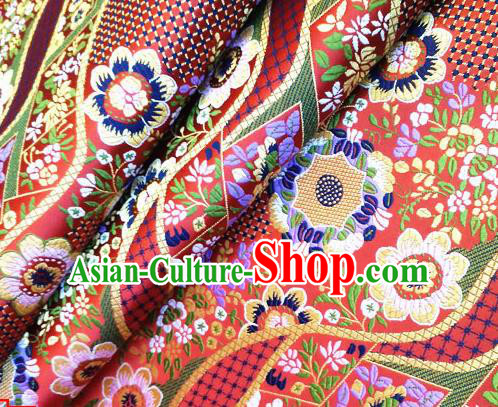 Asian Japan Traditional Flowers Pattern Design Red Brocade Damask Fabric Japanese Kimono Satin Material