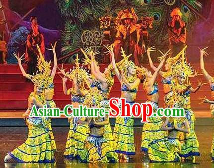 Chinese The Romantic Show of Lijiang Peacock Dance Yellow Dress Stage Performance Costume and Headpiece for Women