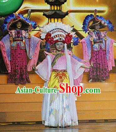 Chinese The Romantic Show of Lijiang Bai Ethnic Nationality Dance Dress Stage Performance Costume and Headpiece for Women