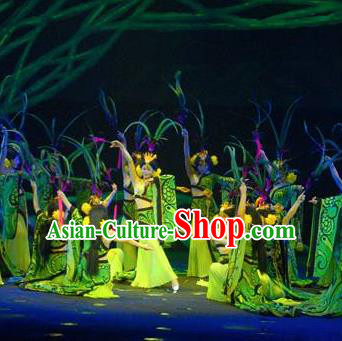 Chinese Chinese The Mystery Show of Huizhou Classical Dance Green Dress Stage Performance Costume and Headpiece for Women