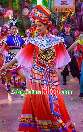 Chinese The Romantic Show of Guilin Zhuang Nationality Bride Red Dress Stage Performance Dance Costume for Women