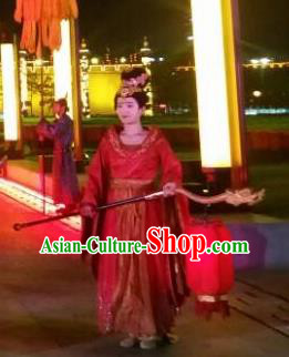Chinese Chang An Impression Ancient Court Lady Dance Red Dress Stage Performance Costume and Headpiece for Women