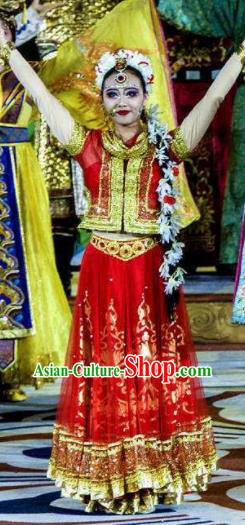 Chinese Chang An Impression Ancient Tang Dynasty India Dance Red Dress Stage Performance Costume and Headpiece for Women