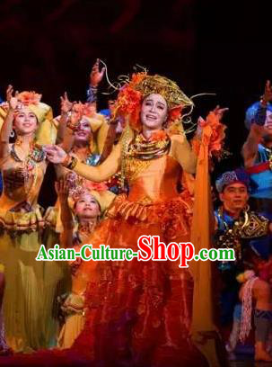 Chinese The Ship Legend of Huashan Zhuang Nationality Dance Red Dress Stage Performance Costume and Headpiece for Women