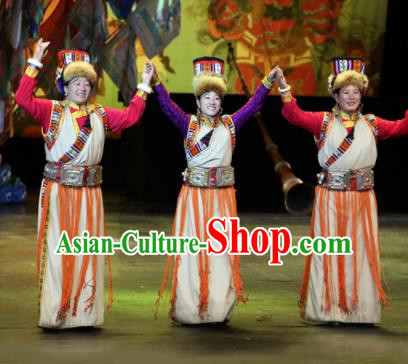 Chinese Impression Tibetan Zang Nationality Dance White Dress Stage Performance Costume and Headpiece for Women