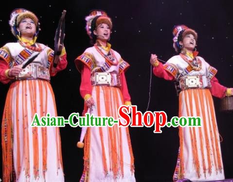 Chinese Impression Tibetan Zang Nationality Dance White Dress Stage Performance Costume and Headpiece for Women